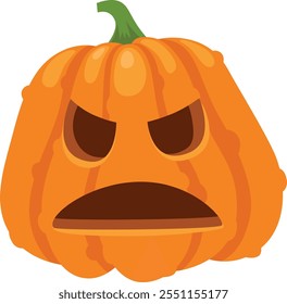 Orange halloween pumpkin with carved spooky glowing eyes and mouth showing angry expression, isolated on white background