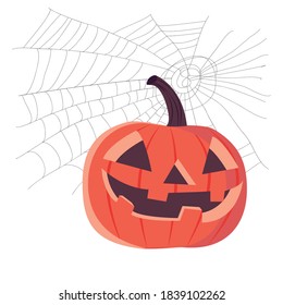 Orange Halloween pumpkin with a happy face on a white background. Black web. Pumpkin lantern. Halloween holiday. Vector illustration.
