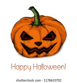 Orange halloween pumpkin. Jack-o-lantern with black spooky eyes. Hand drawn pumpkin with a scary face. Text happy halloween. Isolated vector illustration on white background