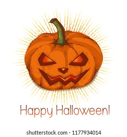 Orange halloween pumpkin. Jack-o-lantern with candle inside. Hand drawn pumpkin with a scary face and divergent rays. Text happy halloween. Isolated vector illustration on white background