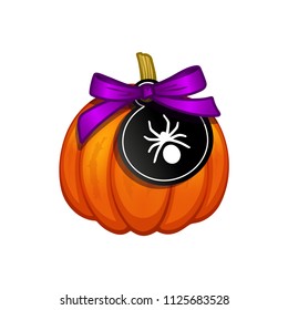 Orange Halloween pumpkin with purple ribbon, bow and black gift tag. Cartoon spider. Vector illustration on a white background.