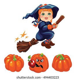  Orange halloween pumpkin set and cheerful witch on a broomstick. Autumn collection of pumpkin set elements design with different pumpkins oriental bittersweet vector illustration. Halloween series.
