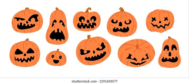 Orange Halloween pumpkin set with different hand drawn pumpkins  