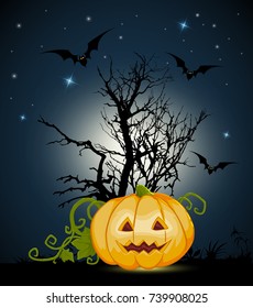 Orange Halloween pumpkin and silhouette of tree on a black background. Halloween greeting card.