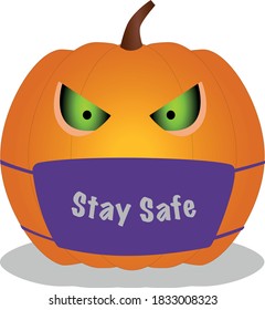 Orange Halloween pumpkin with surgical mask - covid -  pumpkin vector illustration