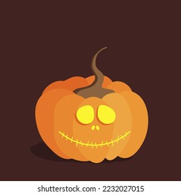 An orange Halloween pumpkin with a tail and light-up cut-out eyes, a nose and a sewn-on yellow mouth. Isolated vector picture on a brown background.