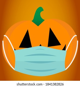 Orange halloween pumpkin wearing protective face mask