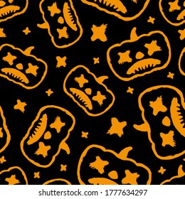 Orange halloween pumpkins isolated on black background. Cute festive seamless pattern. Hand drawn vector flat graphic illustration. Texture.