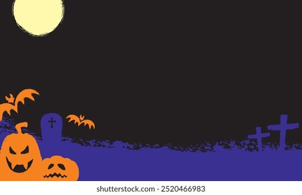 Orange Halloween Pumpkins with Moon and Bats in Graveyard Purple Rust Base Vector Graphic Landscape Background