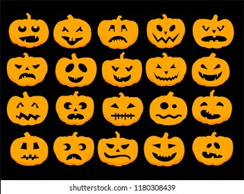 Orange Halloween pumpkins vector set on black background.