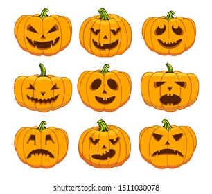 Orange Halloween pumpkins vector set on black background. Pumpkin with scary face collection. funny cartoon character for Halloween celebration.