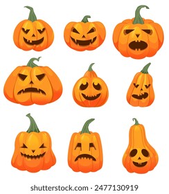 Conjunto de Vector de calabazas de Halloween naranja aislado. Juego de calabazas de emoticonos. Halloween.