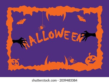 Orange Halloween rectangular frame with elements on a night background. Pumpkin, spider, Dracula's fangs, teeth, bat, evil dead man's hands and the lettering Halloween. Vector illustration