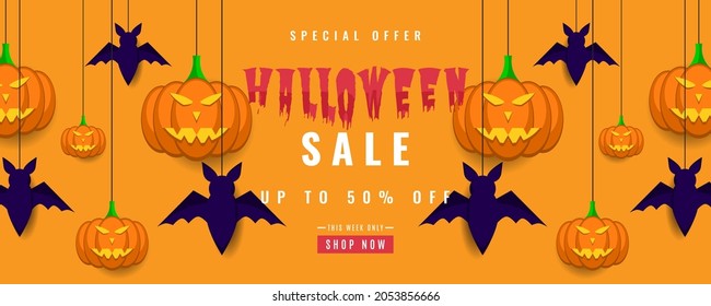 Orange Halloween sale background with pumpkin, bat, and spider web elements. It is suitable for banners, posters, flyers, advertising, etc