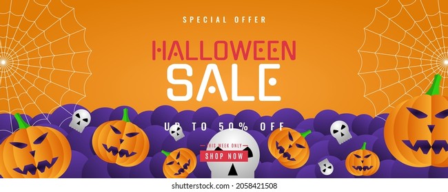 Orange Halloween sale background with pumpkin, bat, and spider web elements. It is suitable for banners, posters, flyers, advertising, etc