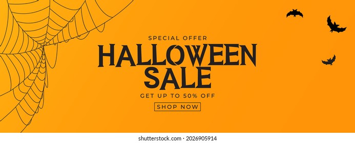 Orange Halloween sale poster with bat and spider. Vector Illustration EPS10