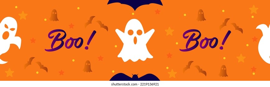 Orange Halloween seamless pattern with ghosts, boo!, bats and decoration. Great for textiles, banners, wallpapers, wrapping, vector design.