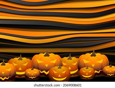 Orange Halloween lächelnde Kürbis und flüssige Wellen abstrakter Hintergrund. Vektor Jack O Lantern Feriendesign