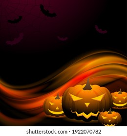 Orange Halloween smiling pumpkins and smooth waves on dark background. Vector Jack O Lantern design