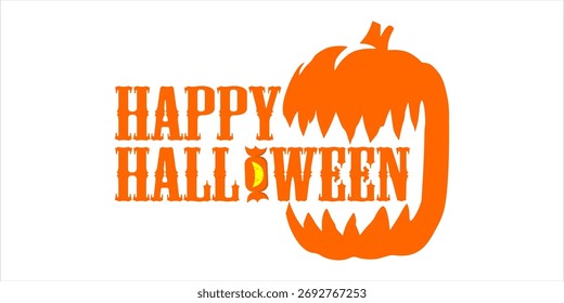 Orange Halloween text with large pumpkin elements at the ends of the text on a white background. Background for Halloween celebrations.