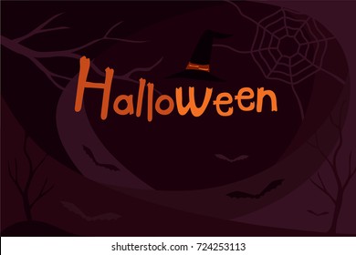 Orange Halloween text on dark purple  background with bats, tree branches and witch's hat
