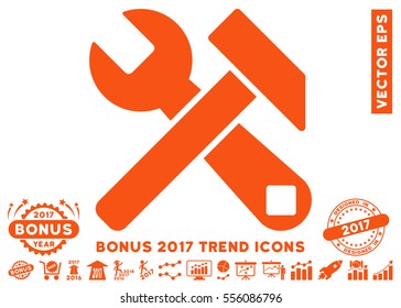 Orange Hammer And Wrench icon with bonus 2017 trend pictures. Vector illustration style is flat iconic symbols, white background.