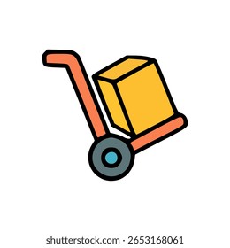 Orange Handwagen mit blau-zentrierten Rädern mit einem hellgelben Paket für effiziente Lieferung
