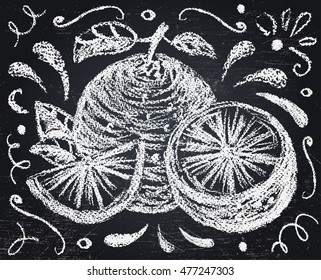 Orange. Hand drawn citrus banner on chalkboard. Pastel drawing. Black and white. Vector