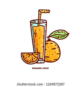 Orange hand drawn colored art. Doodle style vector illustration. Friut cocktail and juice concept