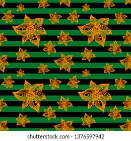 Orange hand drawn flowers seamless pattern on Black and green striped background for fabric, textile, print, material, wallpaper, backsplash or wrapping paper. Floral backdrop vector illustration