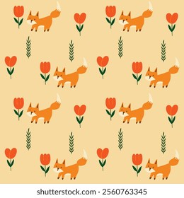 Orange hand drawn fox animals and floral and leaf seamless pattern vector