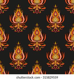 Orange hand drawn oriental seamless pattern on maroon background. Perfect design element for wallpaper, web page background, wrapping paper, print on fabric