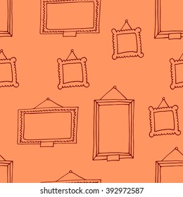 Orange hand drawn seamless pattern with easels. Decorative vector ornamental background with picture frames. Can be used for textile design, bag template, packaging.