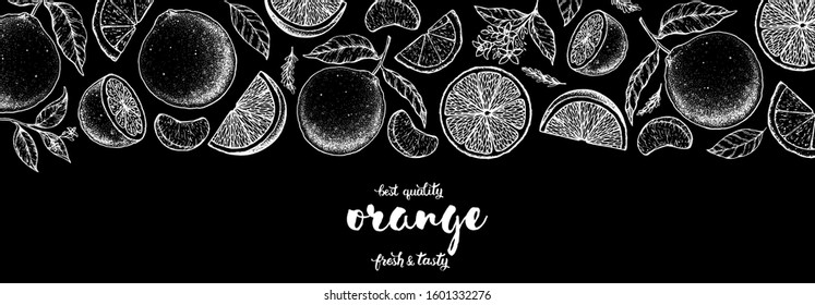 Orange hand drawn vector illustration. Orange sketch for design. Black and white style. Citrus orange pattern illustration. Orange vintage packaging design.