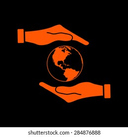 Orange Hand holding Globe earth on a black background