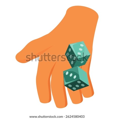 Orange hand is holding two green dice, ready for a roll, symbolizing casino games, gambling, and chance