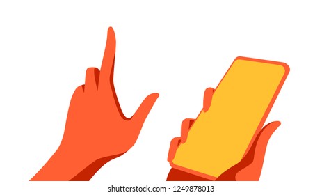 Orange hand touching mobile phone screen isolated on white, mock up smartphone blank screen easy adjustment with clipping path. Vector illustration.