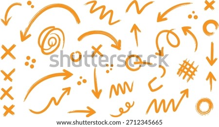 Orange hand-drawn arrow and symbol set, sketch-style vector elements for presentation highlights, creative design, diagram emphasis, and visual storytelling use