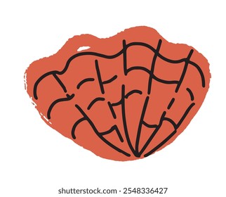 Orange hand-drawn textured scallop shell vector illustration, isolated on white. Suitable for sea-themed projects and decorative designs.