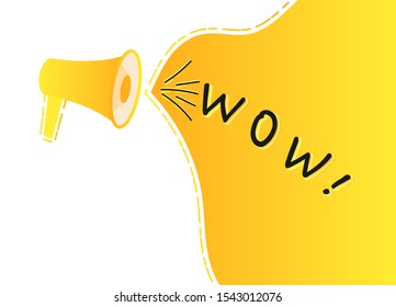 Orange hand-held megaphone and a big speech yellow wow bubble. Presentation banner with a megaphone. Offer poster, sale. Bright vector flat stock illustration.