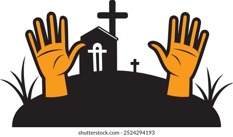 Orange Hands Praying from Grave - Ícone de Halloween com temática de igreja assustadora