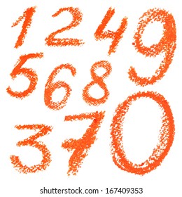 Orange handwritten numbers on white  background. Panda oil pastel colors.  Vector Illustration.