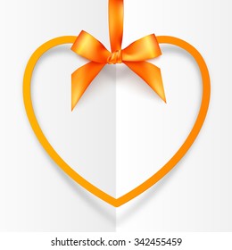 Orange hanging heart frame on silky ribbon with bow, vector greeting card template
