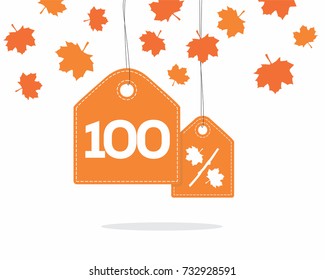 Orange hanging price tag labels with 100% and a maple leaf percent design texts on them and with shadow on white background with leaves. For autumn sale campaigns.
