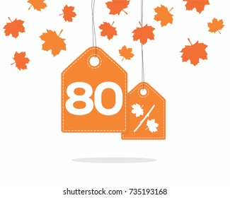Orange hanging price tag labels with 80% and a maple leaf percent design texts on them and with shadow on white background with leaves. For autumn sale campaigns.