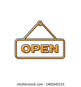 Orange Hanging sign with text Open door icon isolated on white background. Vector Illustration