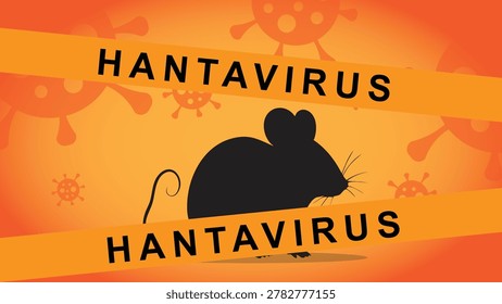 Orange hantavirus warning background featuring a black rat silhouette with floating virus icons and bold hazard-themed design.
