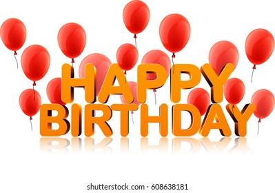 Orange happy birthday 3d background with red balloons. Vector holiday illustration. 