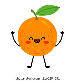 Orange is happy. Cute cartoon character orange. Flat Vector illustration isolated on white background