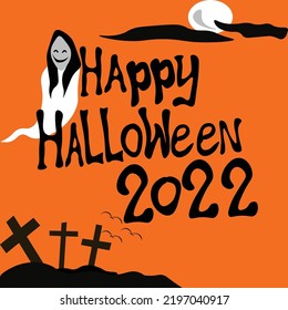 orange happy halloween 2022 greeting card design ghost illustration and graveyard with full moon in orange background